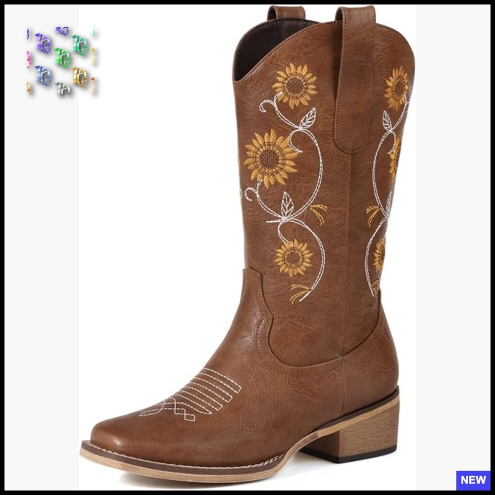 Mid Calf Western Cowboy Boots Floral Embroidery Square Toe Retro Pull On